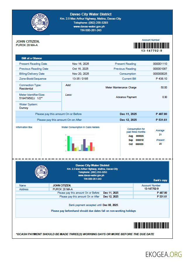 Philippines Davao City Water District utility bill template in Word and PDF formats